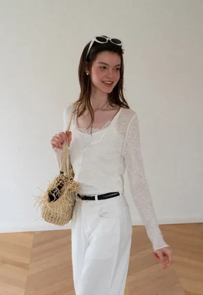 Lace Trim V Neck Long Sleeve Knit Sweater