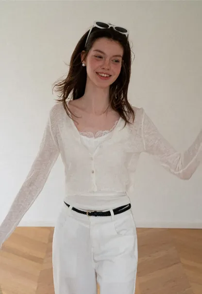 Lace Trim V Neck Long Sleeve Knit Sweater