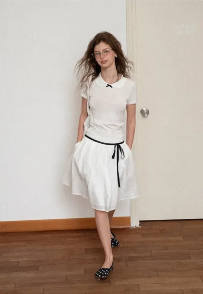 Peter Pan Collar Ribbed Knit Short Sleeve Sweater