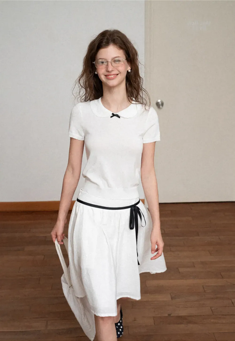 Peter Pan Collar Ribbed Knit Short Sleeve Sweater