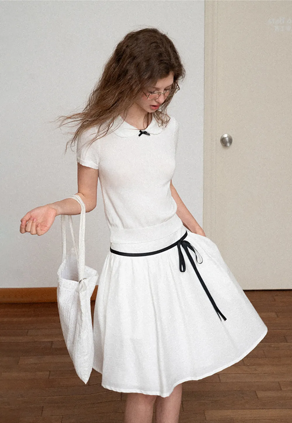 Peter Pan Collar Ribbed Knit Short Sleeve Sweater
