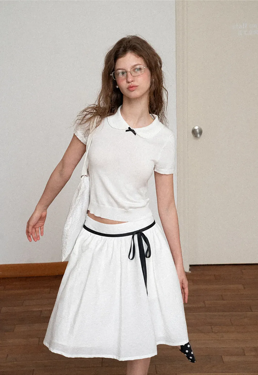 Peter Pan Collar Ribbed Knit Short Sleeve Sweater
