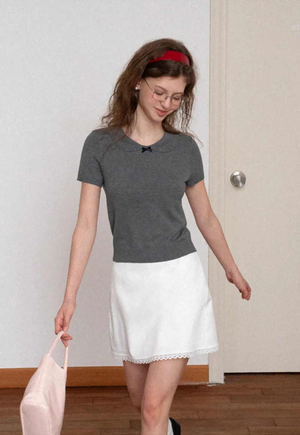 Peter Pan Collar Ribbed Knit Short Sleeve Sweater