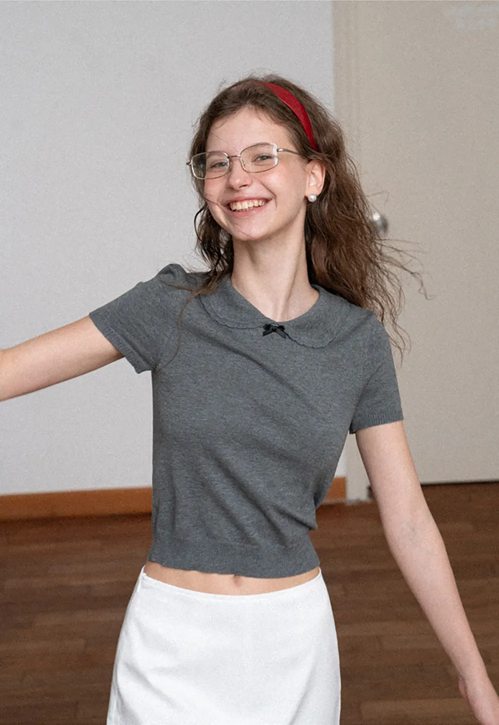 Peter Pan Collar Ribbed Knit Short Sleeve Sweater