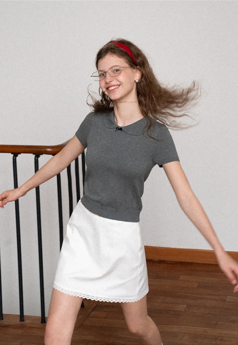 Peter Pan Collar Ribbed Knit Short Sleeve Sweater