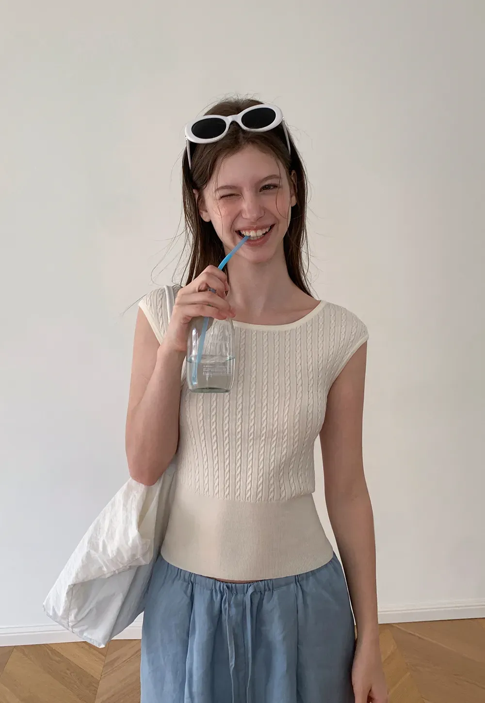 Cable Knit Cropped Sleeveless Knit Sweater