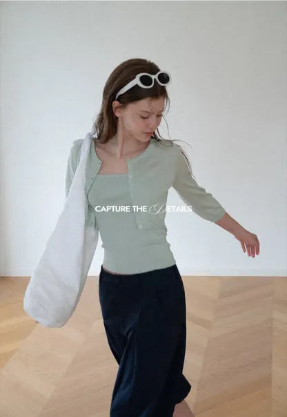 Square Neck Ribbed Knit Cardigan