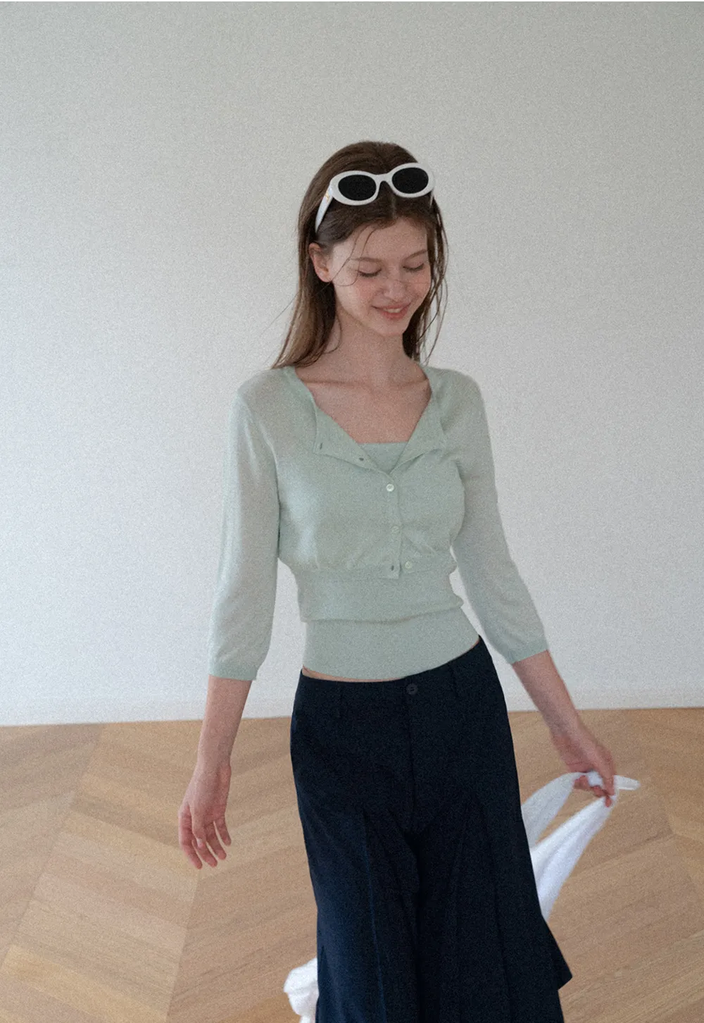 Square Neck Ribbed Knit Cardigan