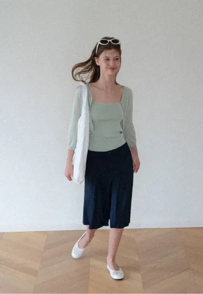 Square Neck Ribbed Knit Cardigan