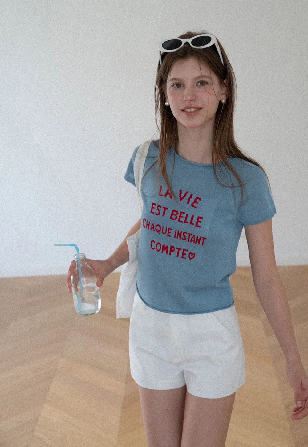 Embroidered French Quote Cropped Knit Tee