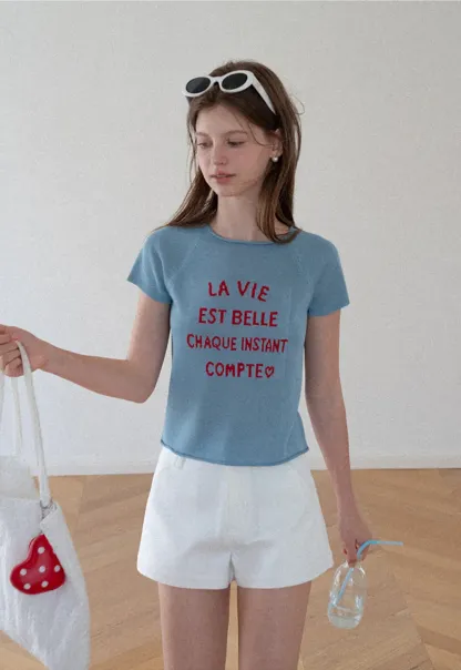 Embroidered French Quote Cropped Knit Tee
