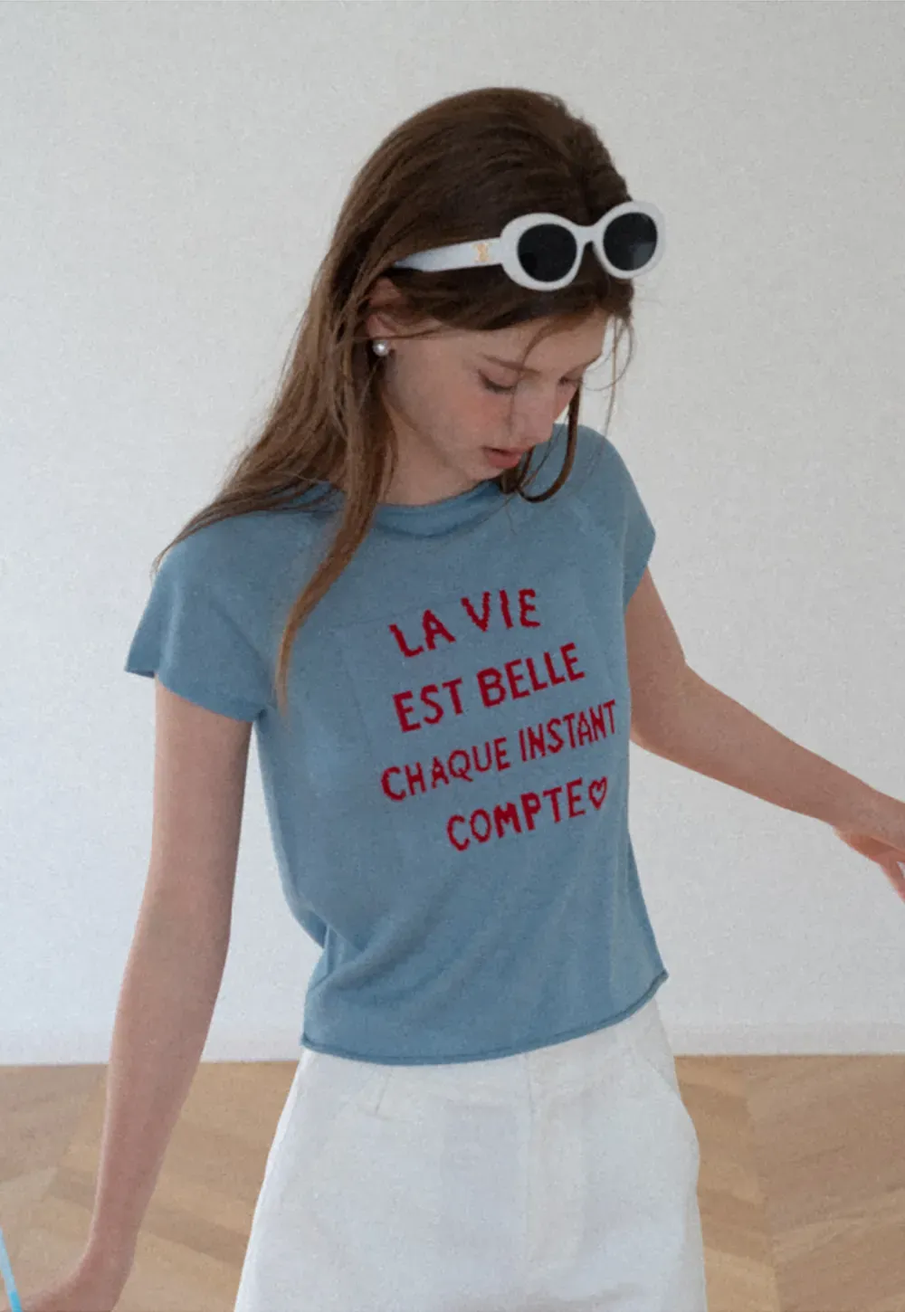 Embroidered French Quote Cropped Knit Tee