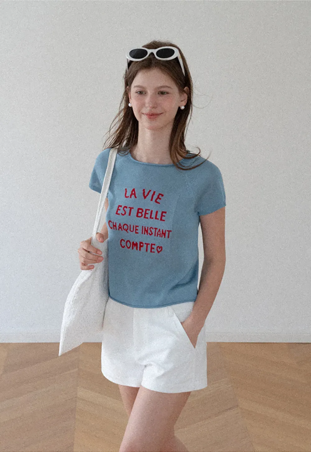 Embroidered French Quote Cropped Knit Tee