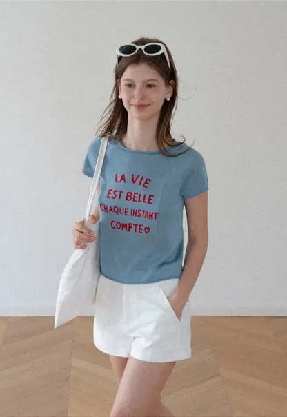 Embroidered French Quote Cropped Knit Tee