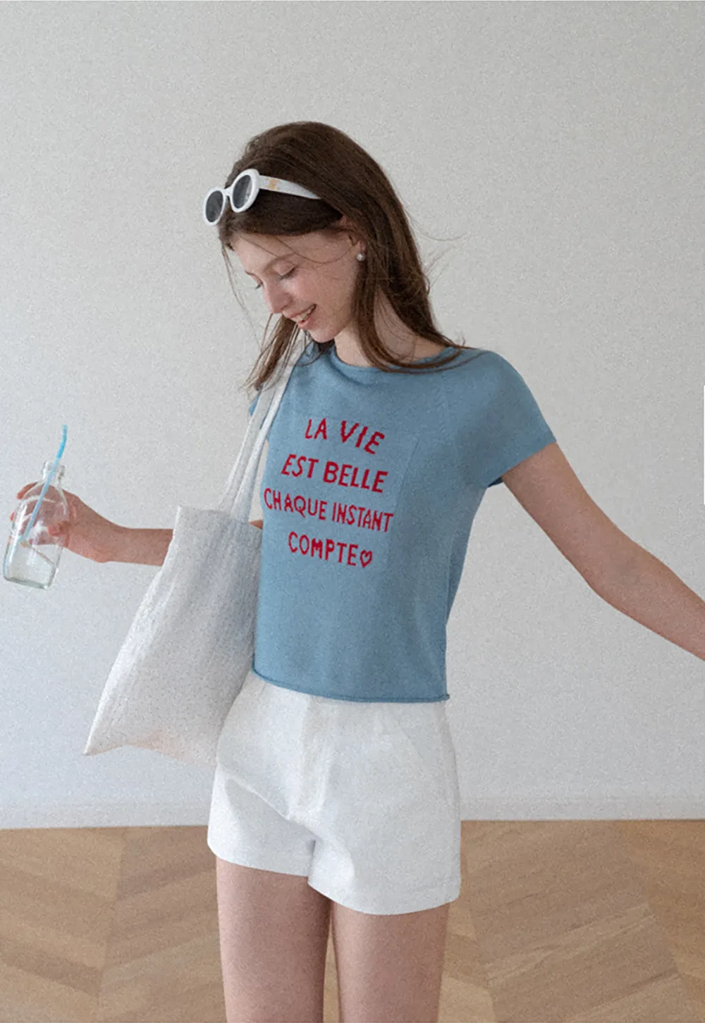 Embroidered French Quote Cropped Knit Tee