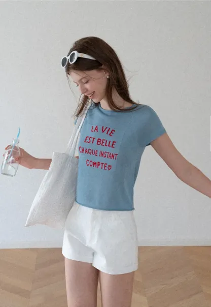 Embroidered French Quote Cropped Knit Tee