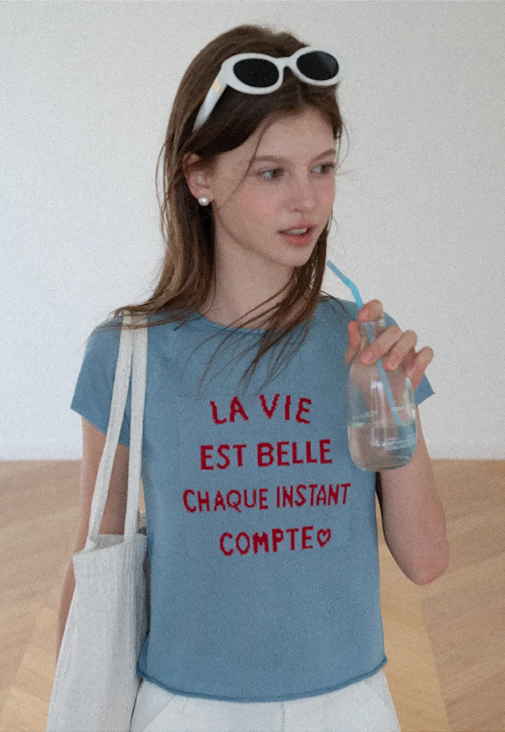 Embroidered French Quote Cropped Knit Tee