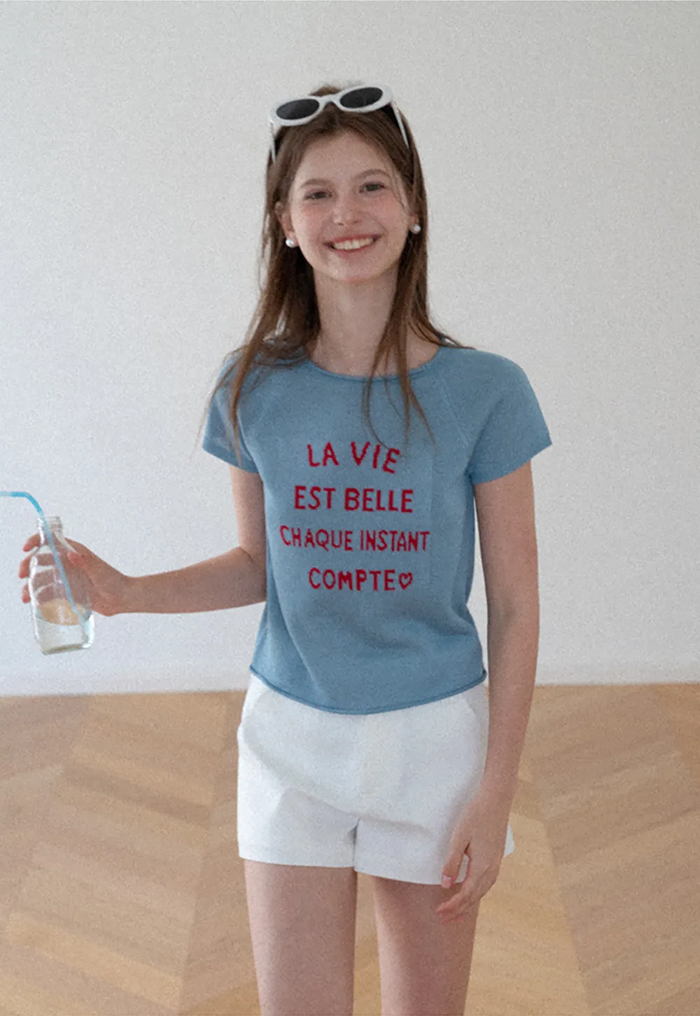 Embroidered French Quote Cropped Knit Tee