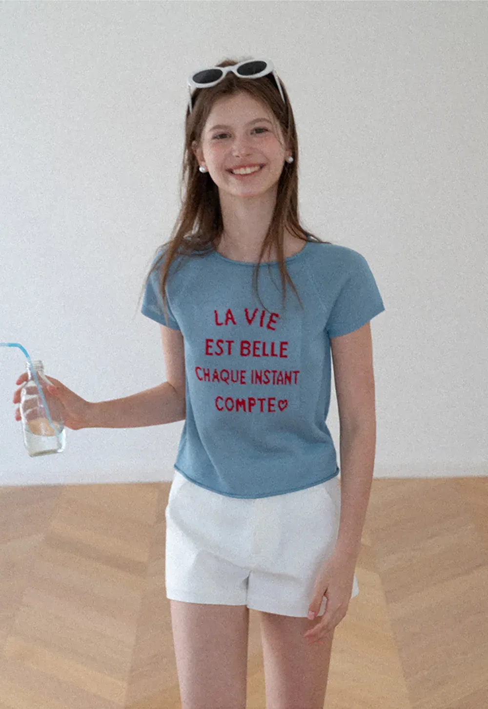 Embroidered French Quote Cropped Knit Tee