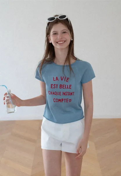 Embroidered French Quote Cropped Knit Tee