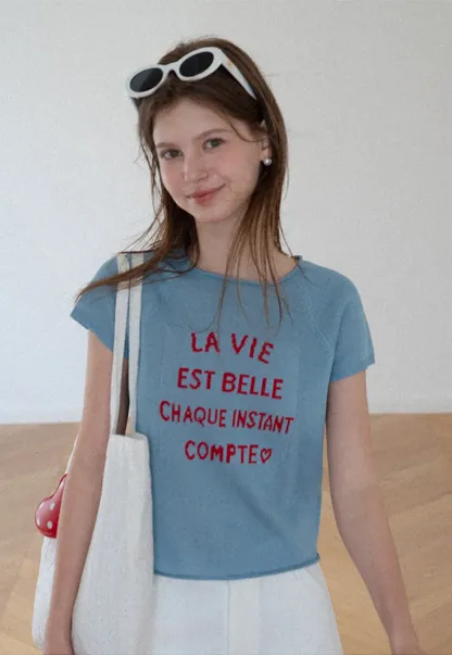 Embroidered French Quote Cropped Knit Tee
