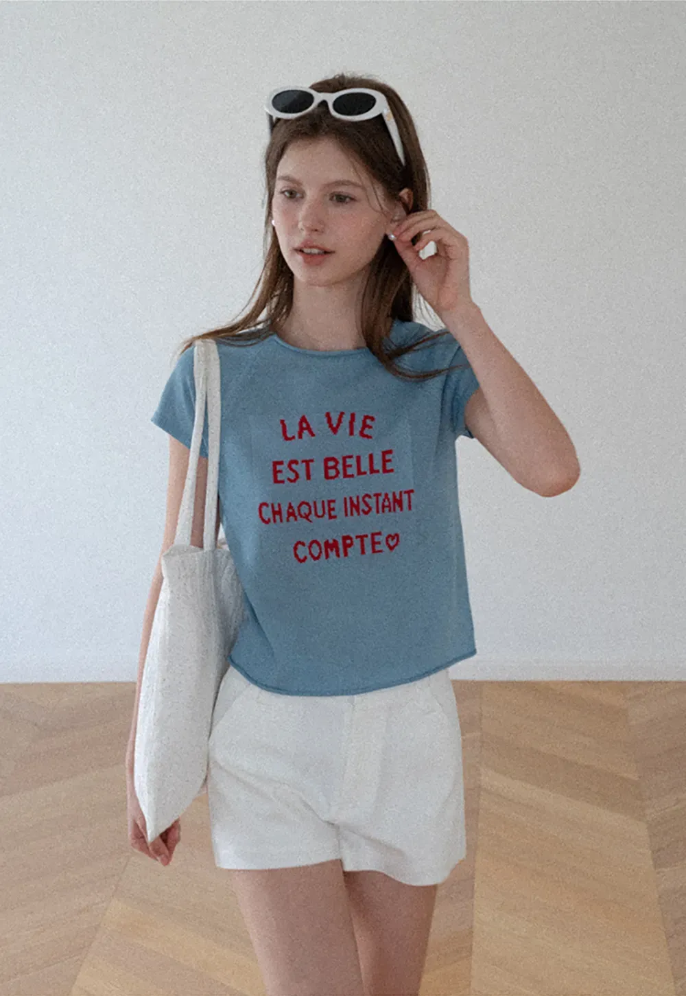 Embroidered French Quote Cropped Knit Tee