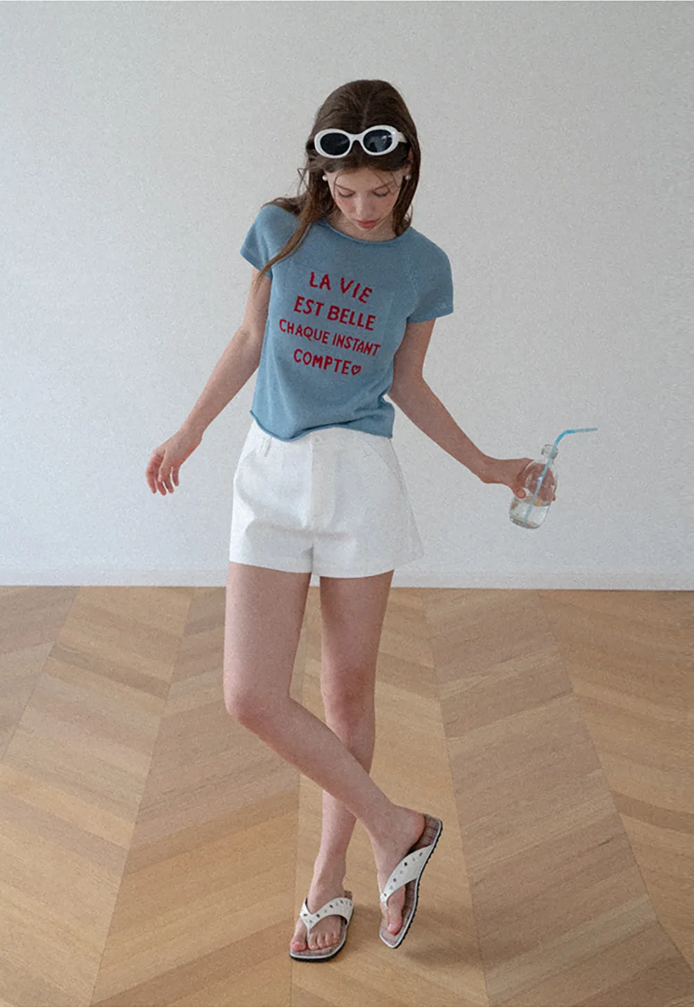 Embroidered French Quote Cropped Knit Tee