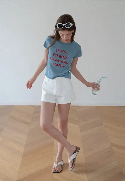 Embroidered French Quote Cropped Knit Tee