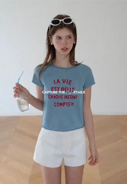 Embroidered French Quote Cropped Knit Tee