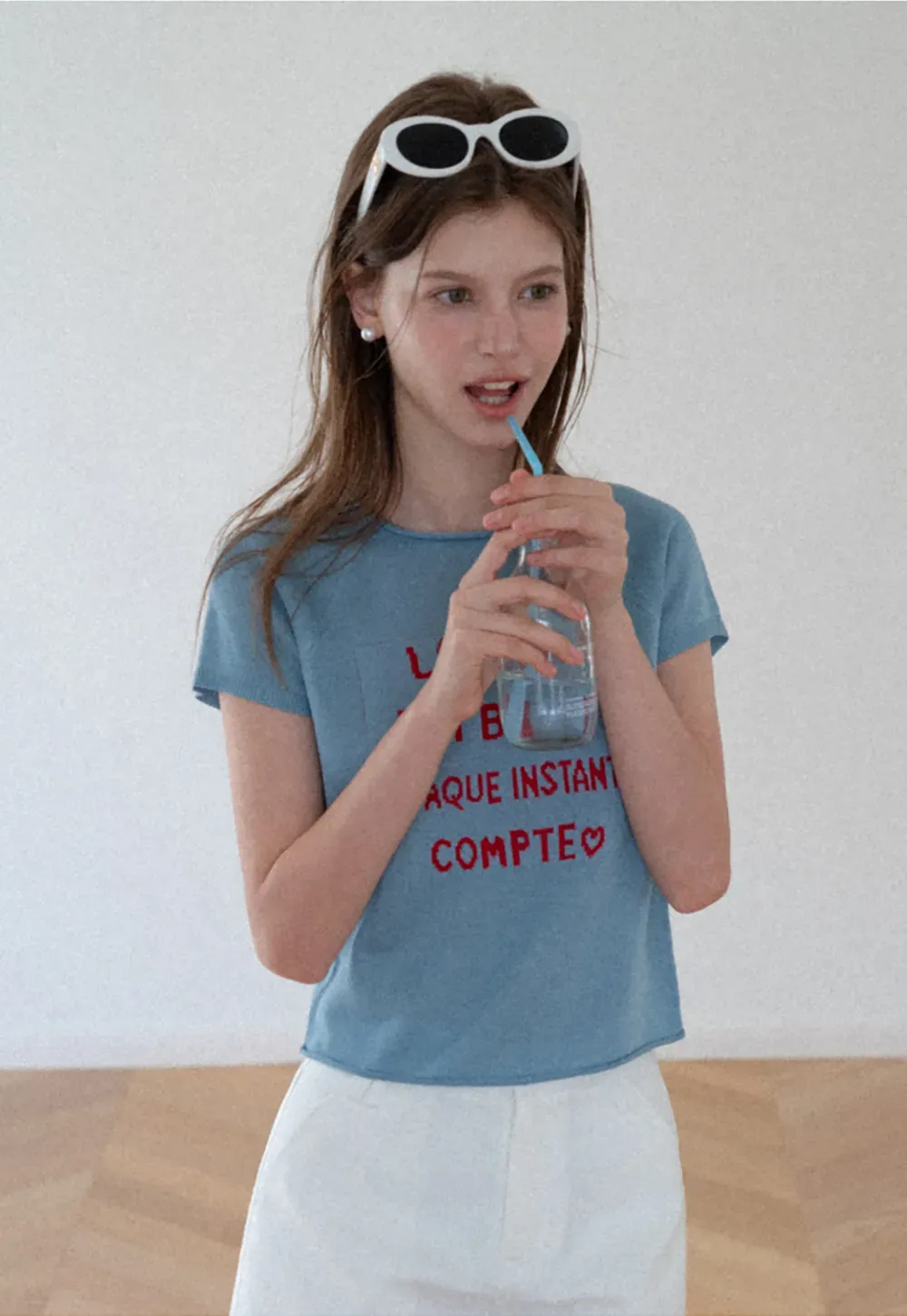 Embroidered French Quote Cropped Knit Tee