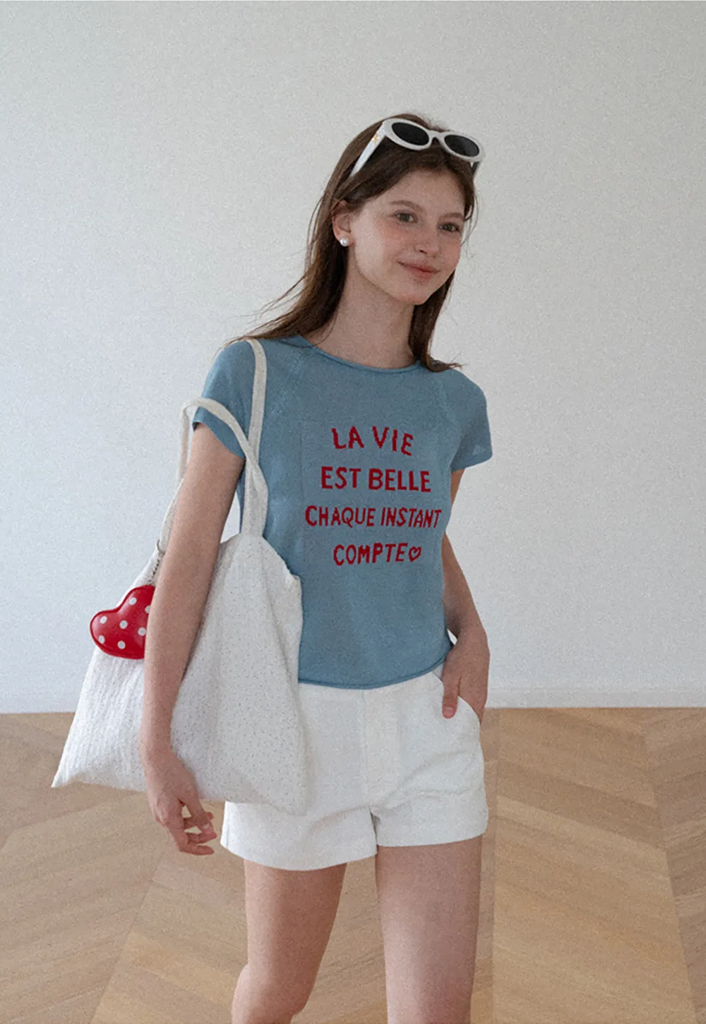 Embroidered French Quote Cropped Knit Tee