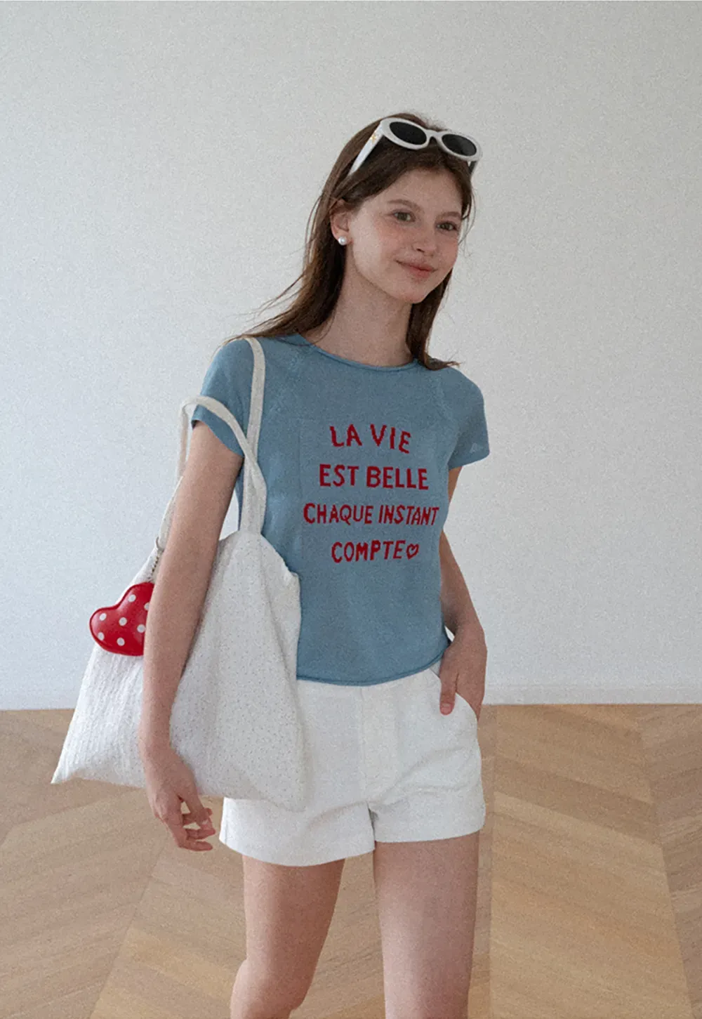 Embroidered French Quote Cropped Knit Tee