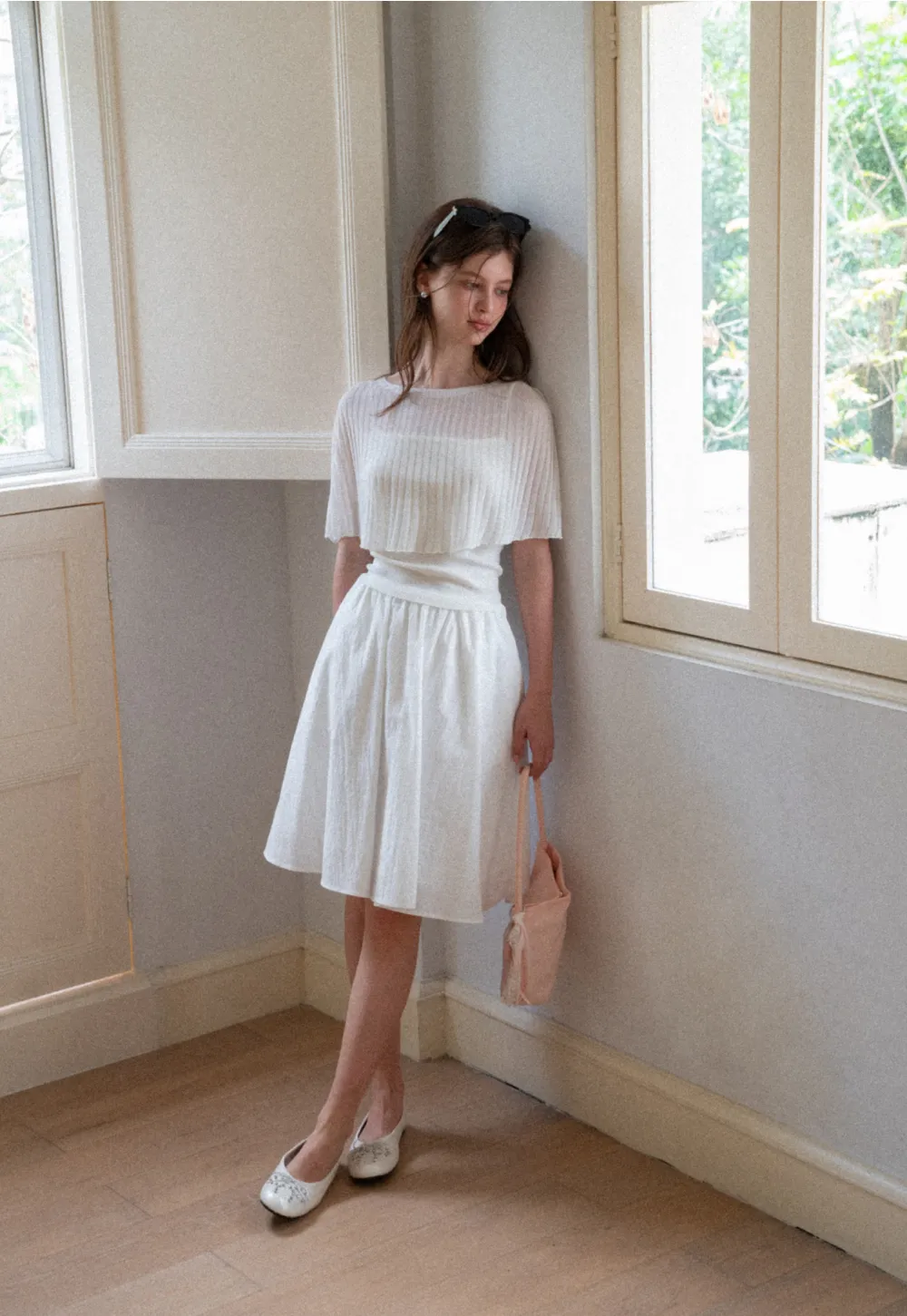 Ribbed Knit Cropped Top with Flared Short Sleeves