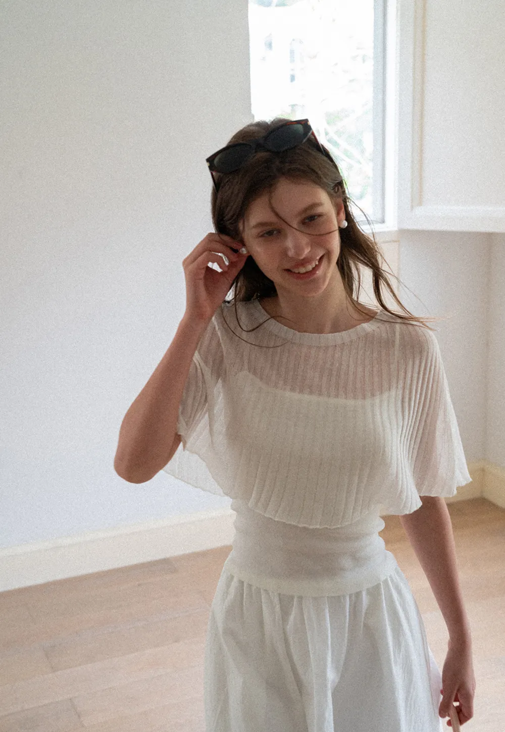 Ribbed Knit Cropped Top with Flared Short Sleeves