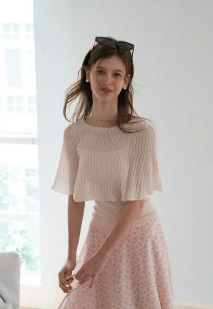 Ribbed Knit Cropped Top with Flared Short Sleeves