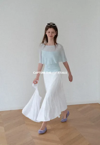 Ribbed Knit Cropped Top with Flared Short Sleeves