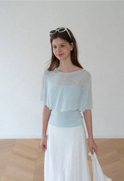 Ribbed Knit Cropped Top with Flared Short Sleeves