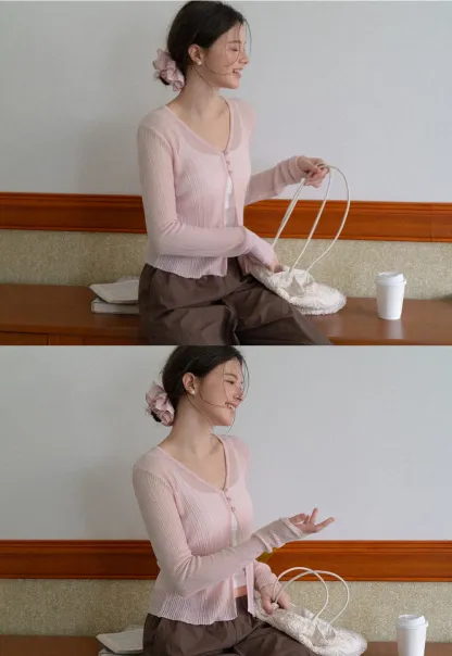 V Neck Cropped Cardigan Woolen Knit Sweater