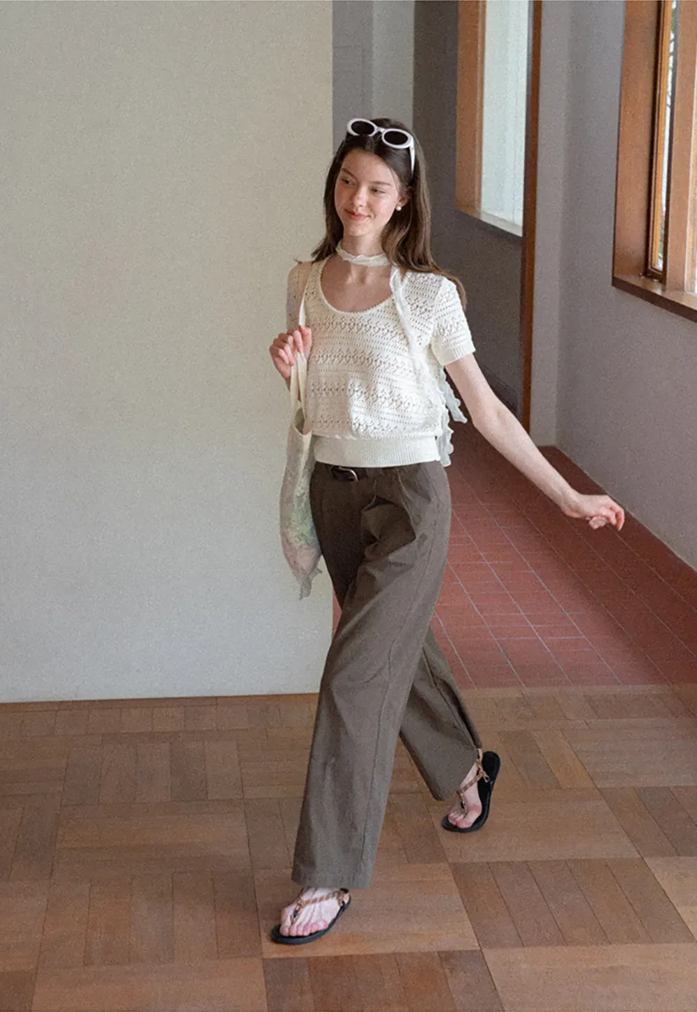 Openwork Crochet Knit Short Sleeve Sweater
