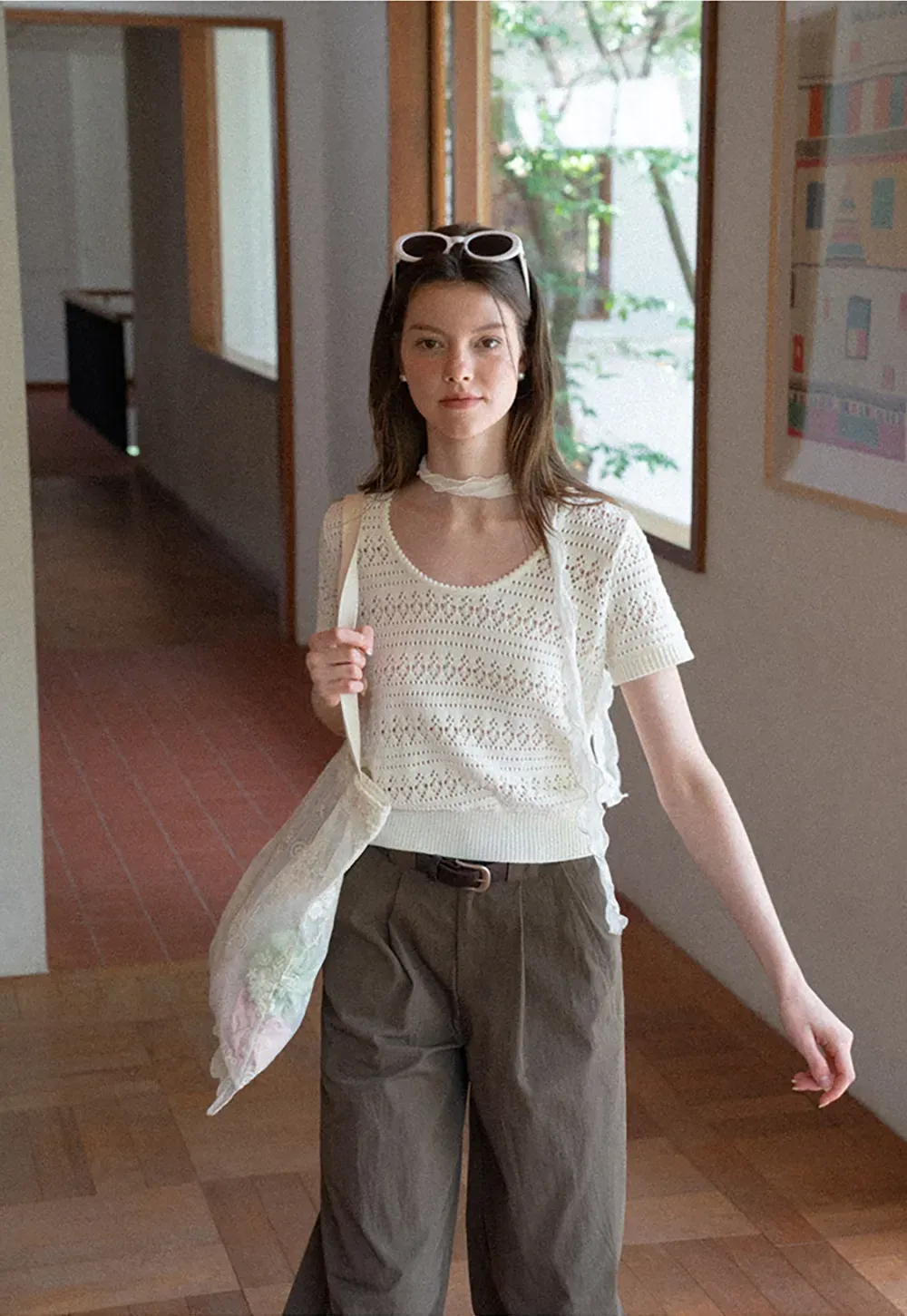Openwork Crochet Knit Short Sleeve Sweater