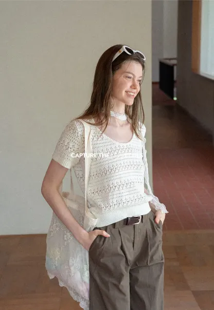 Openwork Crochet Knit Short Sleeve Sweater