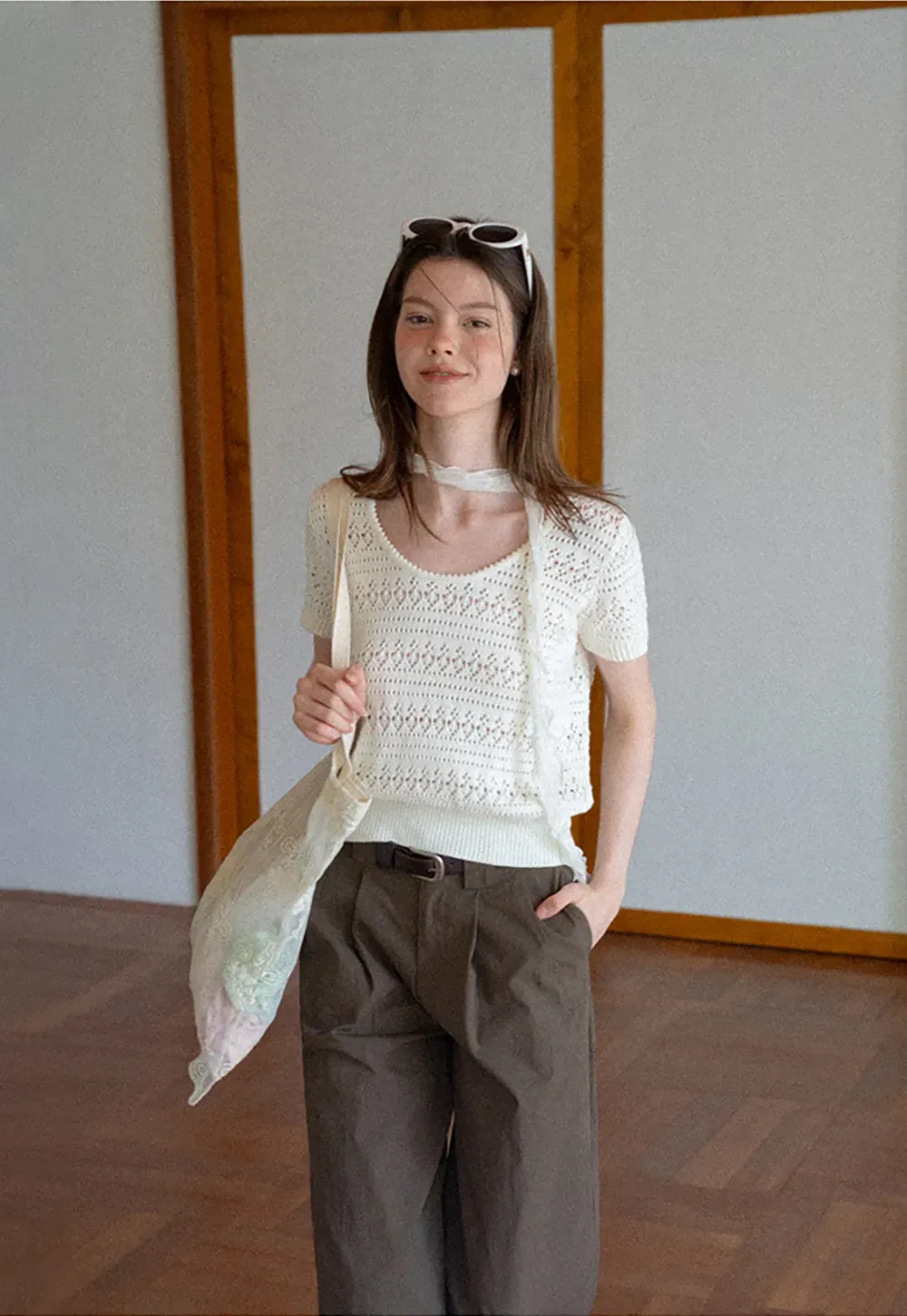 Openwork Crochet Knit Short Sleeve Sweater