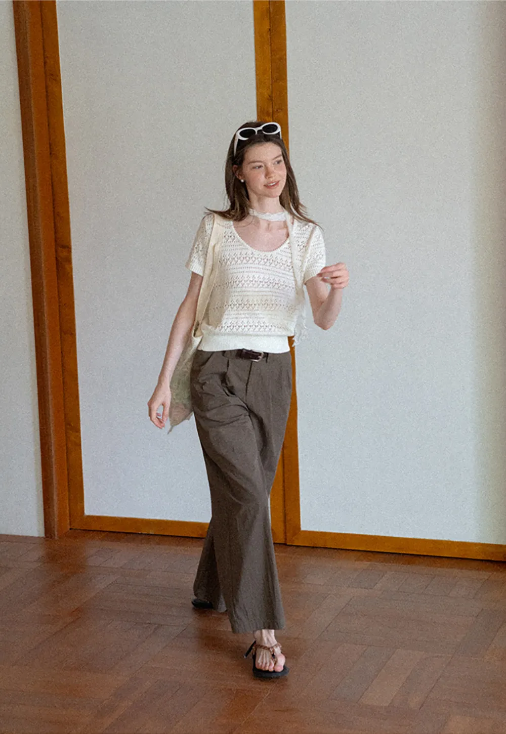 Openwork Crochet Knit Short Sleeve Sweater