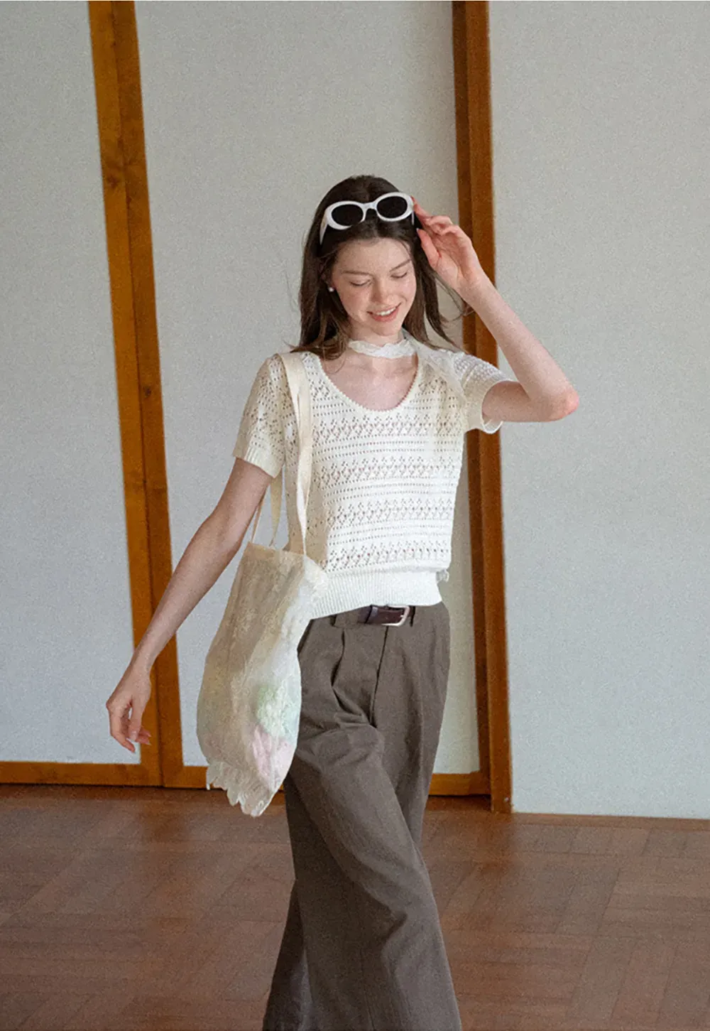 Openwork Crochet Knit Short Sleeve Sweater
