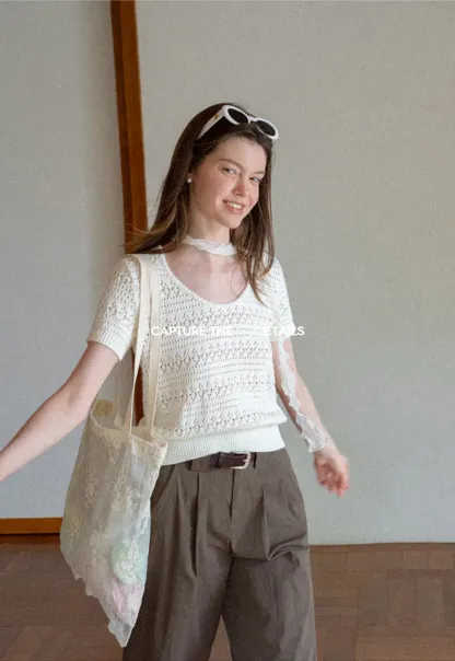 Openwork Crochet Knit Short Sleeve Sweater