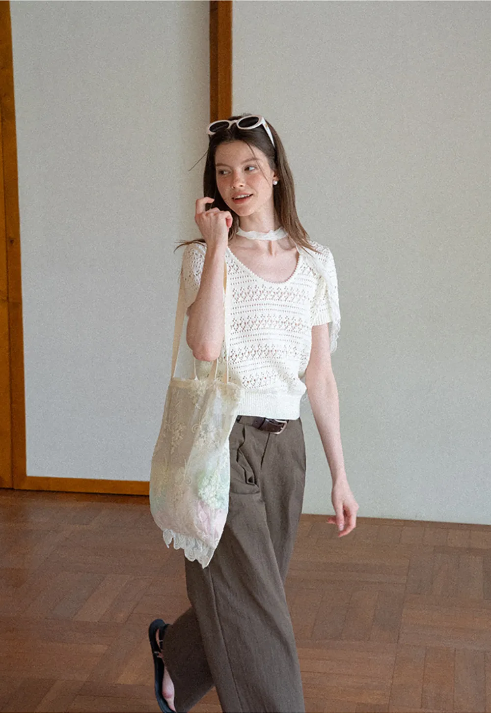 Openwork Crochet Knit Short Sleeve Sweater