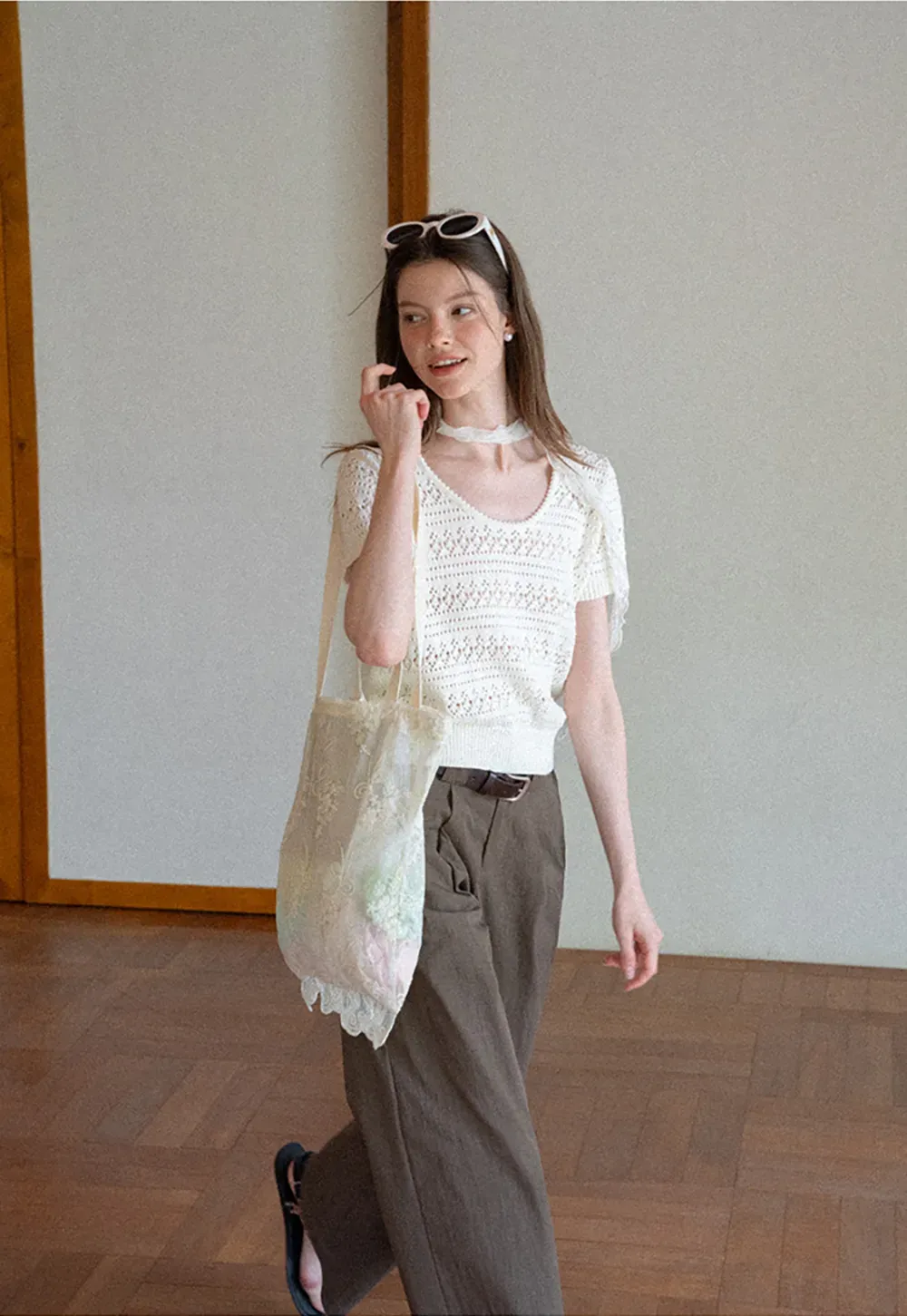 Openwork Crochet Knit Short Sleeve Sweater