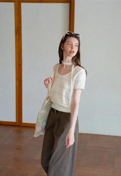 Openwork Crochet Knit Short Sleeve Sweater