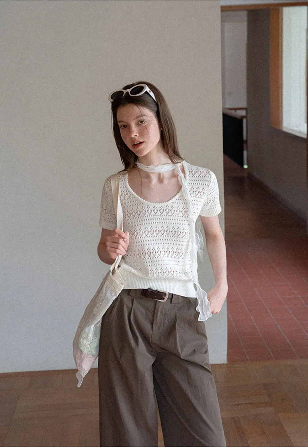 Openwork Crochet Knit Short Sleeve Sweater