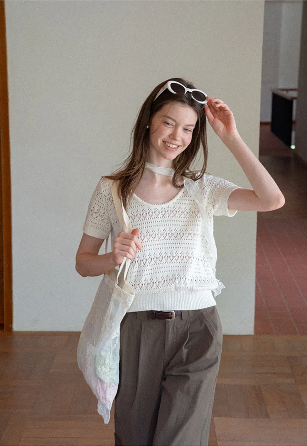 Openwork Crochet Knit Short Sleeve Sweater